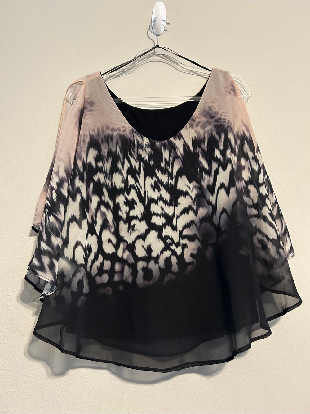 VENUS Beige Black Ombré Tie‑Dye Chiffon Poncho Blouse Batwing Sleeves Large